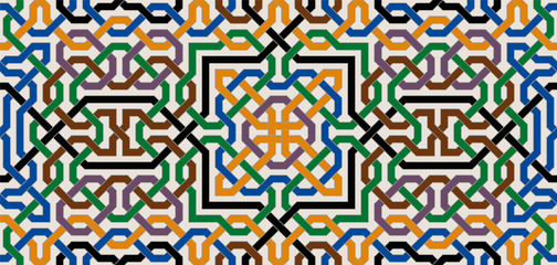 Colorful Ornate Seamless Vector Pattern of Moorish Tiled Decorations. Tileable mosaic background in Palace of Alhambra Style. - obrazy, fototapety, plakaty
