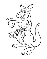 Kangaroo boxer with young in pocket with boxing gloves, sporting animals black and white cartoon