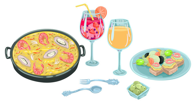 Mediterranean dinner, paella in a frying pan, wine and snacks on a plate. Vector illustration