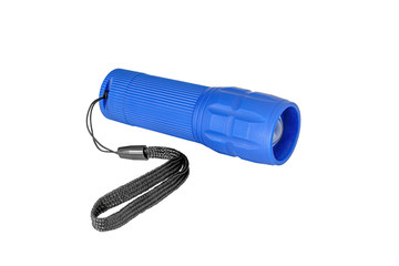 A blue flashlight with a black hand cord close-up on a white background.