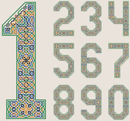 Colorful Vector Set of numbers in in Palace of Alhambra Style. Moorish geometric ornate.