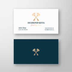 Diamond Keys Jewelry Store. Abstract Vector Sign, Symbol or Logo Logo and Business Card Template. Crossed Keys Sillhouettes with Classy Retro Typography. Premium Stationary Realistic Mock Up.
