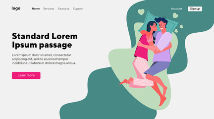 Happy couple in love. Young man and woman lying and hugging flat vector illustration. Relationship, romance, leisure time concept for banner, website design or landing web page