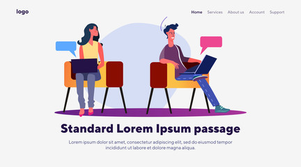 Internet addicted people. Couple sitting together, using laptop, chatting online. Flat vector illustrations. Social media network, communication concept for banner, website design or landing web page