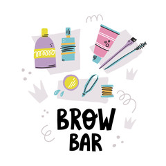 Brow bar hand drawn lettering and eyebrows tools with abstract decoration in modern style for brow bar banner design, landing.
