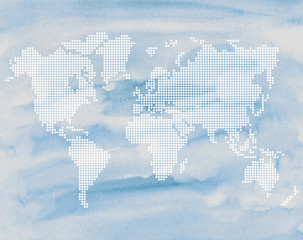 Fototapeta na wymiar circle pattern world map. Illustration on watercolor background. 