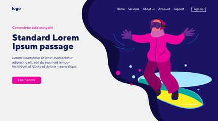Child in pink outfit snowboarding. Kid in mask standing on board on dark blue background. Flat vector illustration. Winter, leisure, school concept for banner, website design or landing web page