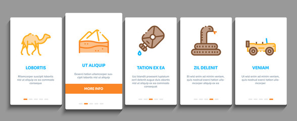 Desert Sandy Landscape Onboarding Mobile App Page Screen Vector. Desert Sand Dune, Snake And Camel, Car And Scorpion, Compass And Ox Skull Concept Linear Pictograms. Color Contour Illustrations