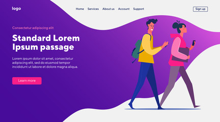 Student harassing classmate. Positive guy and annoyed girl walking and chatting flat vector illustration. Harassment, dating, arguing concept for banner, website design or landing web page