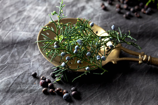 Brass spoon with seeds of juniper on textile, close up