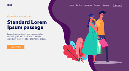 Pregnant couple shopping outside. Man and woman walking, carrying bags. Flat vector illustrations. Expecting, new family, parenthood concept for banner, website design or landing web page