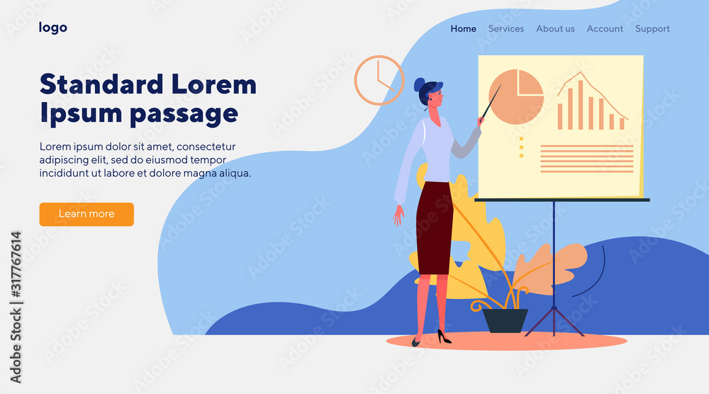 Poster Manager presenting report. Company representative pointing at diagram on white board flat vector illustration. Presentation, analysis concept for banner, website design or landing web page