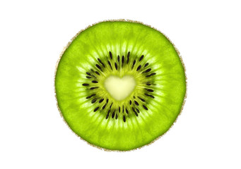 Beautiful slice of fresh juicy kiwi fruit with heart symbol isolated on white background