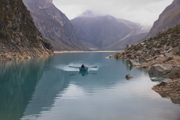 Boat at Laguna Paron in Huascarán national park near Caraz town in Peru