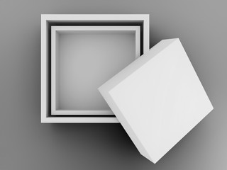 Mock up white box on a gray background. The packaging is empty. 3D rendering illustration.