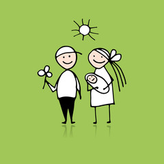 Happy parents with newborn, sketch for your design
