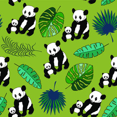 Panda seamless pattern with baby and tropical leaves, monstera, palm, banana. eps10 vector stock illustration