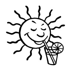 Sun mascot drinks a mixed drink with a slice of orange, black and white clipart