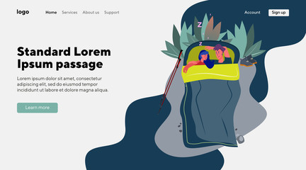 Couple of tourists sleeping outdoors. Man and woman, sleeping bag, landscape flat vector illustration. Adventure travel, trekking, lifestyle for banner, website design or landing web page