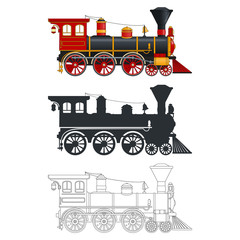 Vintage steam locomotive in retro style. Three different options: color, silhouette, outline. Coloring page © OWLISKO DESIGN