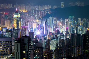 Obraz premium Abstract futuristic night cityscape. Hong Kong aerial view