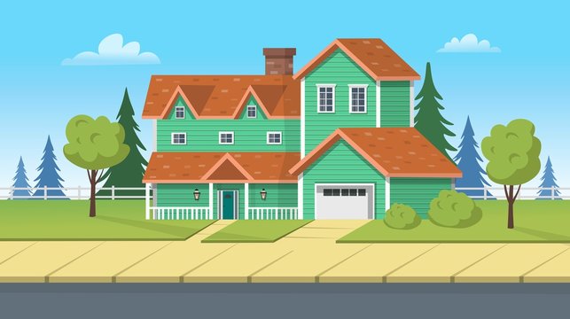 Facade building, suburban house with garage and green lawn. Vector cartoon illustration for games or animation. Layered background. 