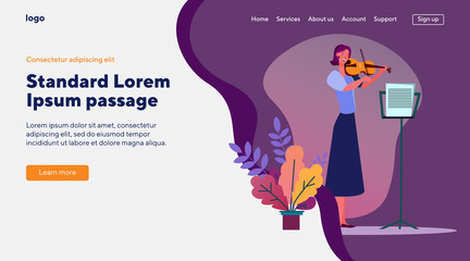 Musician playing violin. Woman, symphony, musical instrument. Flat vector illustrations. Concert, music, culture, hobby concept for banner, website design or landing web page