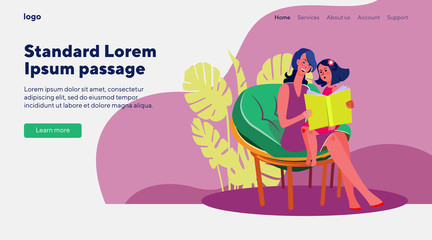 Little girl reading book with her mom. Mother and daughter spending time together flat vector illustration. Fairy tale, teaching, leisure concept for banner, website design or landing web page