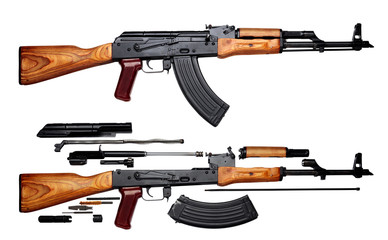 Kalashnikov assault rifle akm assembled and disassembled structure isolated on white background