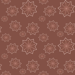 Seamless repeat pattern with beige flowers in on brown background. drawn fabric, gift wrap, wall art design, wrapping paper, background, fabric print, web page backdrop.
