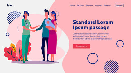 Couple with baby leaving clinic. Happy new parents shaking hands with doctor flat vector illustration. Healthcare, having baby, parenthood concept for banner, website design or landing web page