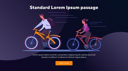 Couple riding bikes together. Man and woman, cycling, bicycle flat vector illustration. Summer, outdoor activity, lifestyle concept for banner, website design or landing web page