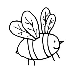 Funny flying bee. Coloring book for adult, kids, prints, stickers, labels. Hand drawn vector illustration in doodle style outline drawing isolated on white background.