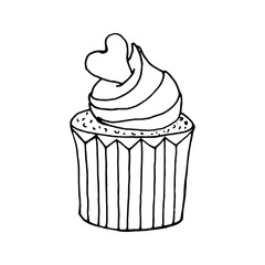 Happy Valentine's Day. Cupcake with cream and heart. Сoncept valentine, Happy Anniversary, wedding. Hand drawn vector illustration in doodle style outline drawing isolated on white background.