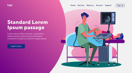 Ultrasound pregnancy screening. Pregnant woman, monitor, doctor. Flat vector illustrations. Expecting, technology, equipment concept for banner, website design or landing web page