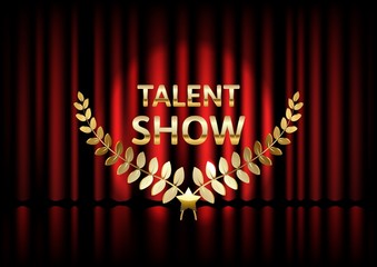 Talent show banner, poster, gold inscription on red curtain, advertising or invitation, event,