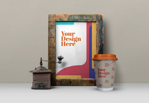 Rustic Frame and Coffee Cup Mockup with Antique Coffee Grinder 