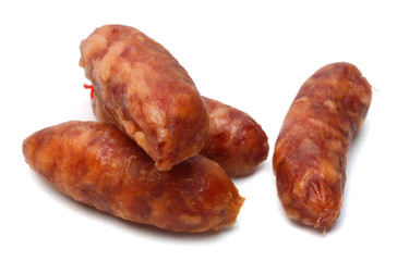 Smoked sausages on white background