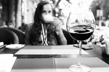 red wine lunch girl cafe lifestyle, summer outdoor restaurant, mediterranean food