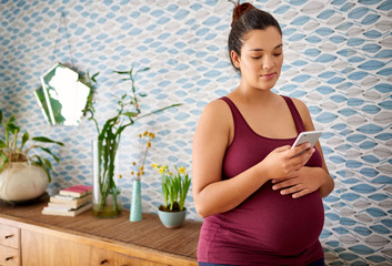 Smiling pregnant woman standing at home reading a cellphone message