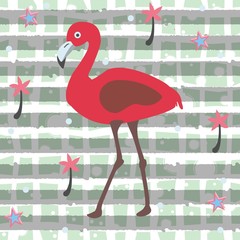 Cute Pink Flamingo with Palms and Stars on a Blue Background with Stripes.