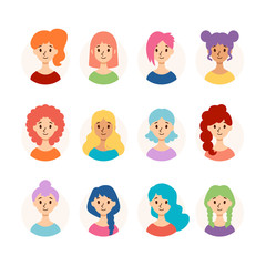 Set of beautiful women with different hairstyles and hair color. Collection of cute girls avatars. Vector illustration isolated on white background. Flat style.