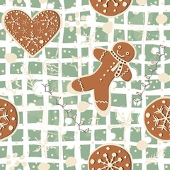 Seamless Winter Pattern with hand drawn cookies and funny winter doodles. Delicate Design.
