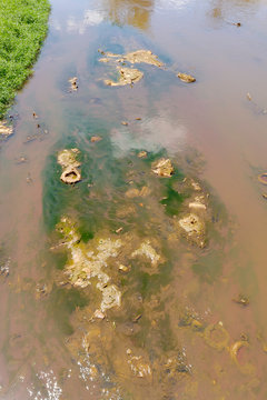 Dejetos de lixo e polui&ccedil;&atilde;o dom&eacute;stca no leito do Rio Paraibuna, centro de Juiz de Fora, estado de Minas Gerais, Brasil