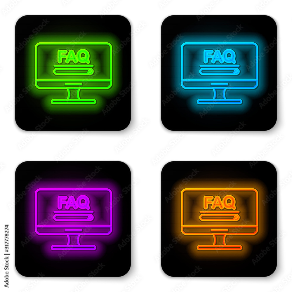 Poster glowing neon line computer monitor with text faq information icon isolated on white background. freq
