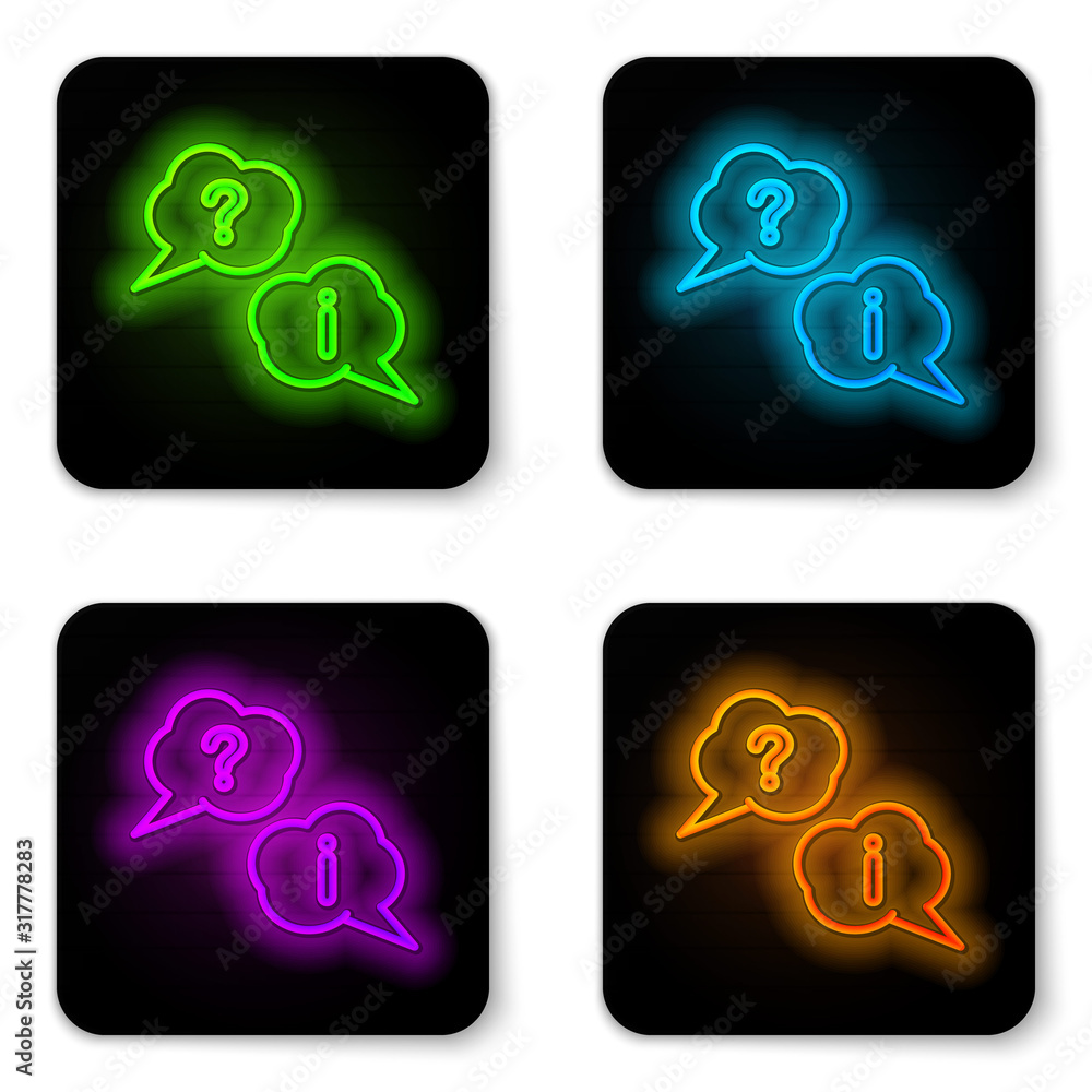 Poster glowing neon line speech bubbles with question and exclamation icon isolated on white background. fa