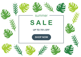 Vector illustration of summer sale. Frame with an inscription and a special offer on a background of green tropical leaves
