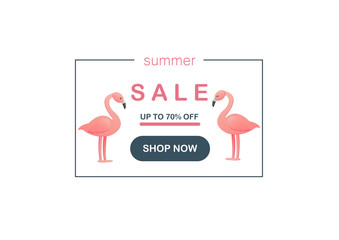 Vector illustration of summer sale. Frame with inscriptions and flamingos on a white background