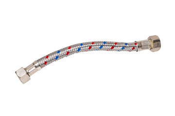 Flexible water hose. Close-up of a metal braided flexible water hose for sanitary installation isolated. Plumbing equipment, -repair, water supply system house. Macro.