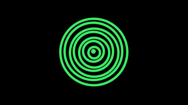 Colored graphic object that rotates clockwise in the center, varying in size, on a background with a hypnotic, psychedelic and stroboscopic effect, in 16: 9 video format.